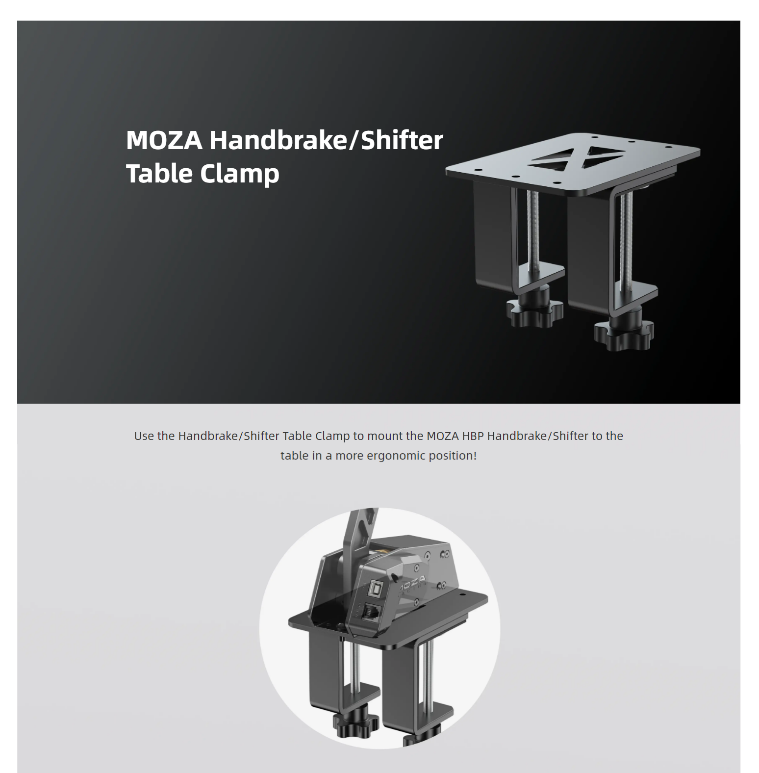 A large marketing image providing additional information about the product MOZA Handbrake & Shifter Table Clamp - Additional alt info not provided